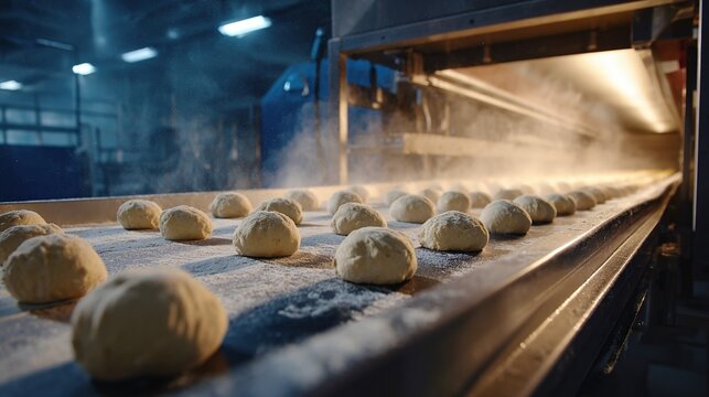 Baking process in a professional oven. Doughy bread rolls on a conveyor belt are entering a commercial oven. Steam rises as they prepare to bake to perfection.