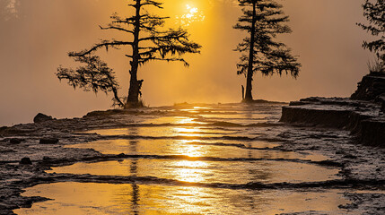 Golden sunset illuminates a serene natural landscape with trees reflected in water pools on a cliff edge