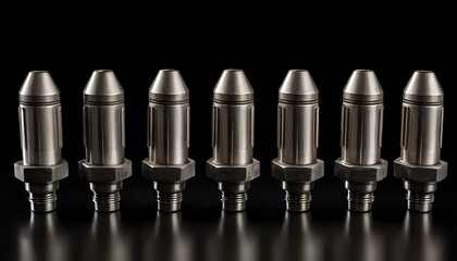 Seven identical metal nozzles arranged in a row on a black background