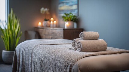 Tranquil spa setting with plush towels on a treatment table, soft candlelight, and soothing plants create a calming ambiance for relaxation and wellness.