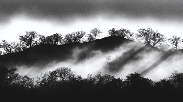 Atmospheric monochrome landscape with misty hills and bare trees, dramatically lit by sunbeams through clouds, evoking a serene and mysterious natural scene