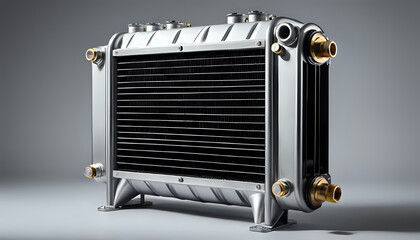 Industrial heat exchanger with copper fittings on grey background