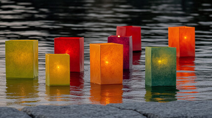 Floating Lanterns Reflecting Light on Water Surface