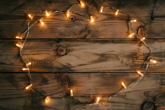 Warm glowing fairy lights arranged in a circular shape on a rustic wooden background, creating a cozy and festive atmosphere
