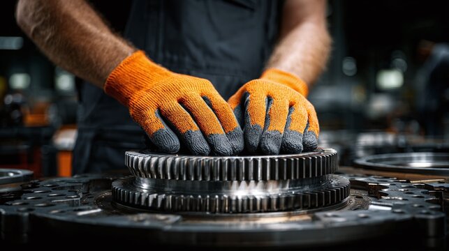 Precision in motion. Meshing gears under the skilled hands of a technician, ensuring seamless performance and robust engineering. The essence of mechanical mastery.