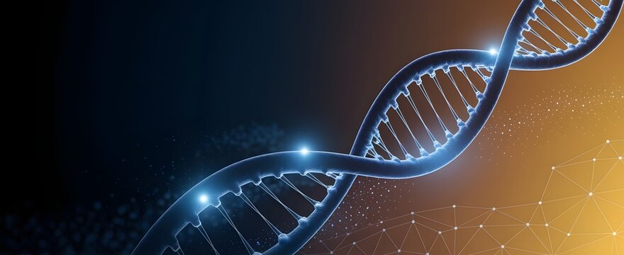 Abstract glowing dna double helix structure representing genetic engineering, scientific research, and biotechnology innovation