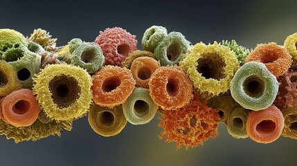 Obraz premium Detailed microscopic image showcasing an assortment of vibrant, ring-shaped plant pollen grains in yellow, orange, pink and green hues, revealing intricate textures and patterns.