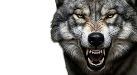 Snarling gray wolf with intense yellow eyes and bared fangs in a dramatic studio portrait on black. Concept of primal aggression and danger