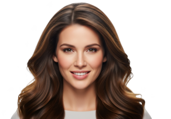 A woman with long, wavy brown hair smiling at the viewer, beautiful, brown, brunette, curl, face, hair, hair color, portrait, smile, woman