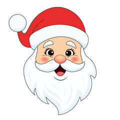 Happy smiling Santa face, isolated on a transparent background. Santa Claus head with a big white beard and a red hat. PNG and Vector illustration
