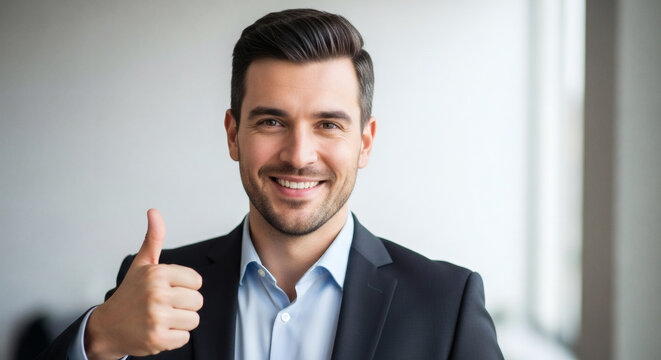 Confident entrepreneur gives thumbs up, a symbol of success and approval for your business needs, radiating positivity and trustworthiness in a modern portrait - Powered by Adobe