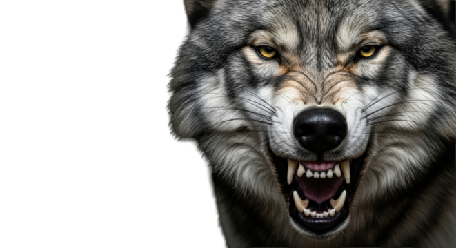Snarling gray wolf with intense yellow eyes and bared fangs in a dramatic studio portrait on black. Concept of primal aggression and danger