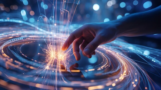 Human hand touching a vibrant digital light swirl, symbolizing data flow, artificial intelligence, and technological innovation