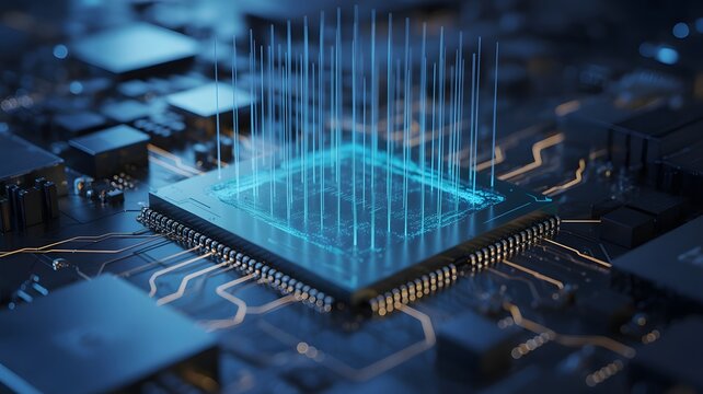 Closeup view of a glowing microchip on a circuit board, representing advanced technology, artificial intelligence, and data processing