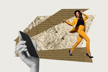 Pop zine sketch artwork collage of happy businessman businesswoman stand phone device freelancer...