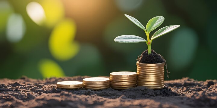 Green plant growing from stacked gold coins on fertile soil, symbolizing financial growth, investment, savings, and sustainable development