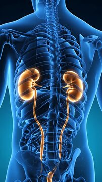 Human Kidney Anatomy Medical Animation with Blue Skeleton and Orange Highlights Showing Ureters and Renal System in Medical Illustration Style for Health Promotion at Clinic
