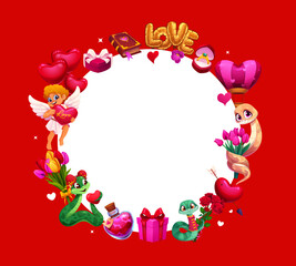 Obraz premium Happy Valentine day frame with playful cherubs, cute cartoon snakes holding heart and flowers, gifts, balloons and desserts on red background, adorned with festive romantic elements for celebration