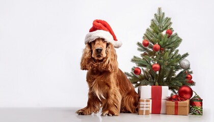 cocker spaniel with santa hat sitting next to christmas tree on white background; free space for text