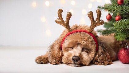 poodle with antlers headban sleeping under christmas tree on white background; free space for text