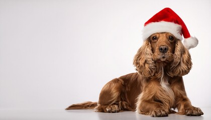 cocker spaniel with santa hat on white background; free space for text