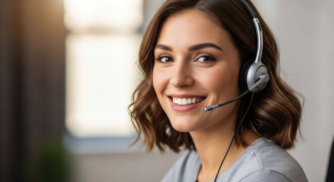 Friendly customer service professional wearing headset ready to assist clients with a warm smile, embodying trust and reliability in every interaction
