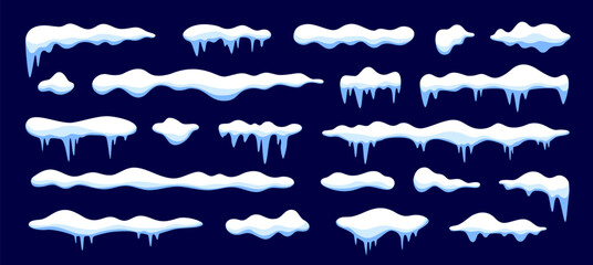 Obraz na płótnie Canvas Cartoon Christmas winter snow caps and icicle drifts, vector icy borders. Snow caps on window or roof snowy piles for Xmas seasonal decoration, Christmas holiday cozy mood and winter game assets
