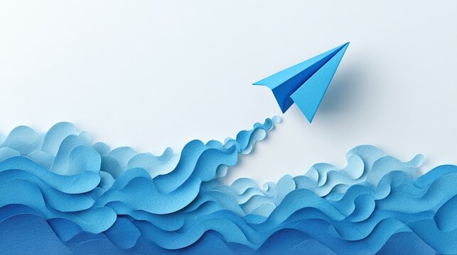 Blue paper airplane taking off above layered paper waves symbolizing imagination creativity freedom and inspiration concept