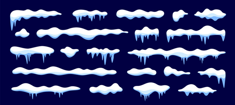 Cartoon Christmas winter snow caps and icicle drifts, vector icy borders. Snow caps on window or roof snowy piles for Xmas seasonal decoration, Christmas holiday cozy mood and winter game assets