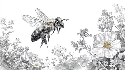 Bee engraving sketch flying over blooming flowers detailed vintage botanical illustration scene