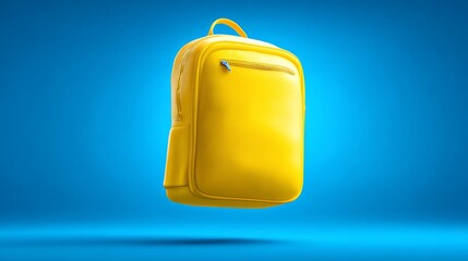 Glossy yellow backpack isolated against a gradient blue backdrop with soft shadows