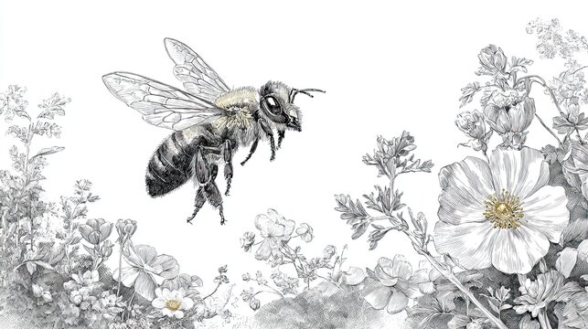 Bee engraving sketch flying over blooming flowers detailed vintage botanical illustration scene
