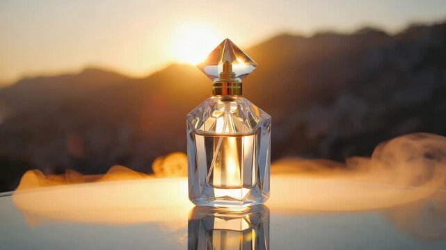 Crystal perfume bottle with diamond shaped cap on a reflective surface at sunset scene