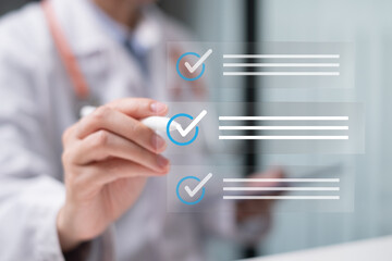 Professional doctor physician working on futuristic health care electronic medical record EMR...