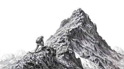 Engraving sketch of mountain climber ascending steep rocky peak symbolizing adventure courage and perseverance