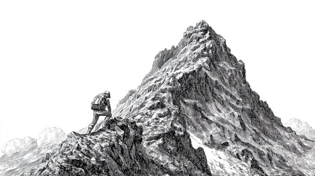 Engraving sketch of mountain climber ascending steep rocky peak symbolizing adventure courage and perseverance - Powered by Adobe