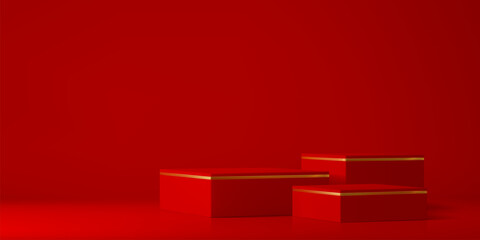 3d red podium pedestal with golden lines. Three red rectangular podium blocks trimmed by gold lines, arranged in staggered heights on a crimson background. Vector cubic podiums, product display scene