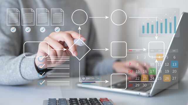 Businessman flowchart workflow project management process strategy algorithm system diagram chart planning concept