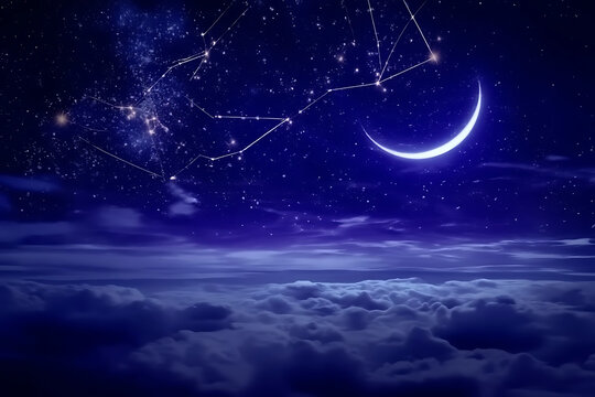 Mystical crescent moon shines brightly in a starry night sky above a sea of ethereal clouds creating a dreamlike and magical atmosphere - Powered by Adobe