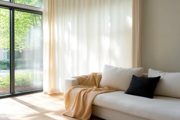 Soft textured curtains and elegant drapes in modern living room
