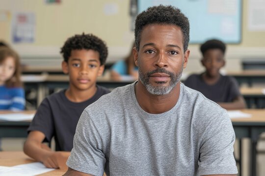 Teacher helping students with learning activities in classroom