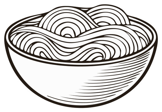 Classic bowl of noodles line art illustration, ideal for Asian cuisine and restaurant designs