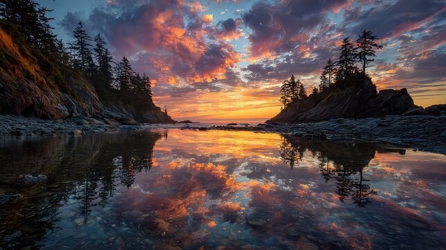 Experience the beauty of this stunning sunset reflecting on the tranquil ocean tide pools with majestic trees, perfect for travel inspiration and serene landscapes, a peaceful coastal dream