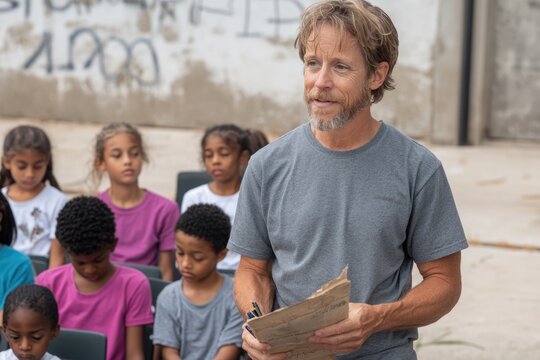 Smiling teacher discussing geography with teenage students in modern classroom