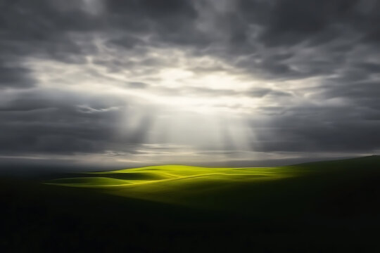 Dramatic sunbeams pierce through dark storm clouds illuminating a vibrant green field and reflecting on calm water creating a powerful and hopeful scene of divine light breaking through darkness