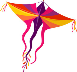 Festival cartoon paper kite in pink, purple, orange and gold hues with long curling streamers. Makar Sankranti holiday, child entertainment vector kite. Indian festival flying colorful paper wing
