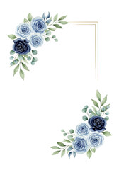 Elegant vertical gold frame with watercolor blue roses and eucalyptus leaves on a white background with gold splatters. Wedding invitation template design concept