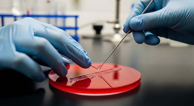 Close up of scientists hands in blue gloves working with petri dish and tools in a laboratory.