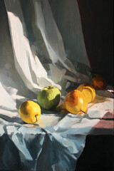 Artistic still life of fresh apples arranged on soft white drapery, painted in an oil-style look. Warm light, subtle textures and a classic painterly atmosphere.