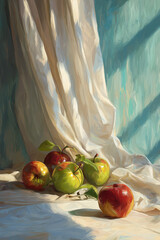 Artistic still life of fresh apples arranged on soft white drapery, painted in an oil-style look. Warm light, subtle textures and a classic painterly atmosphere.